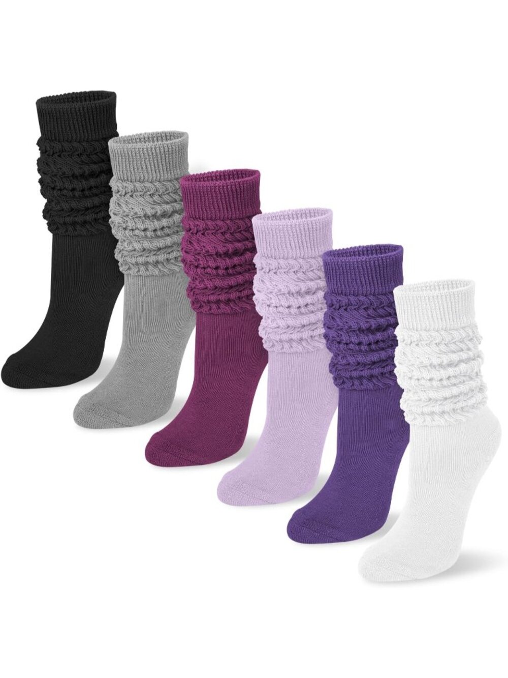 🧦Women's Purple White 6 Pairs Slouchy Socks Long Knee High Boot Socks